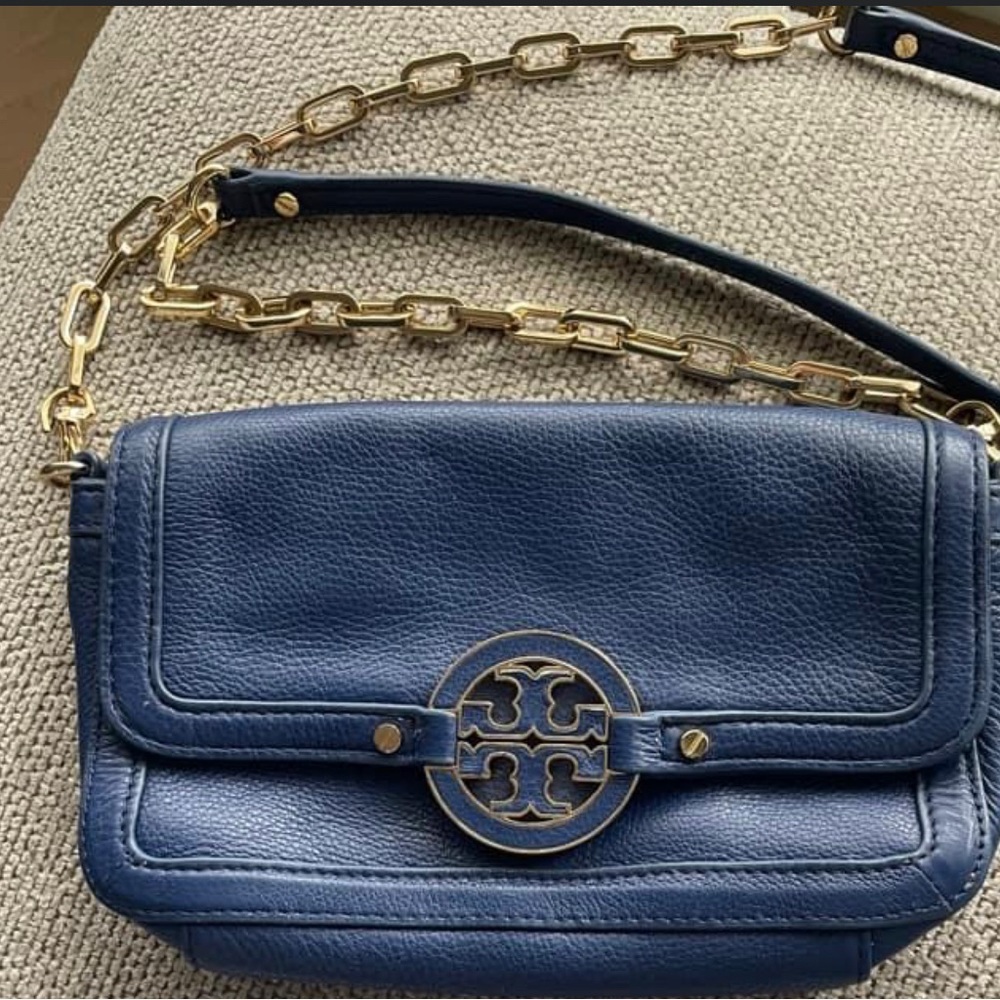 Tory Burch Blue Leather Crossbody || Chain comes off and can be used as clutch.